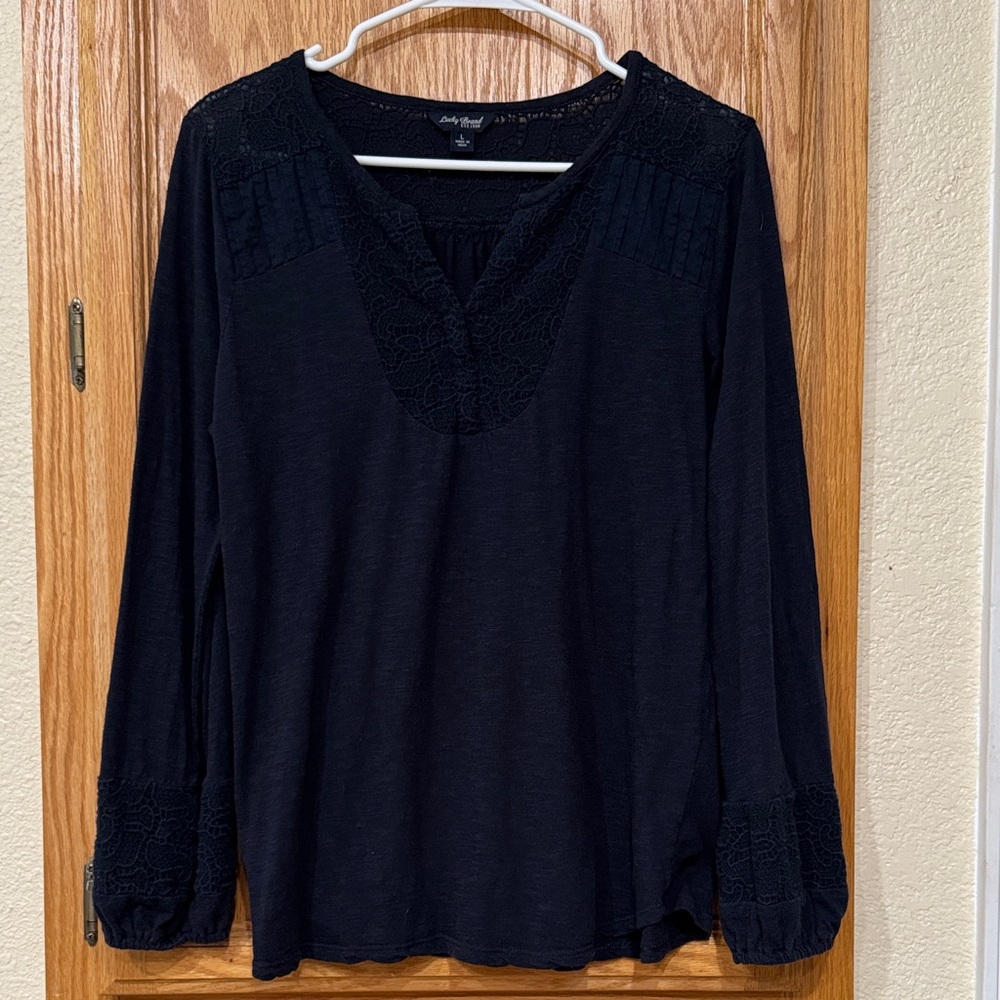 Lucky Brand Navy Blue Long Sleeve Tunic with Lace Accents - Size Large